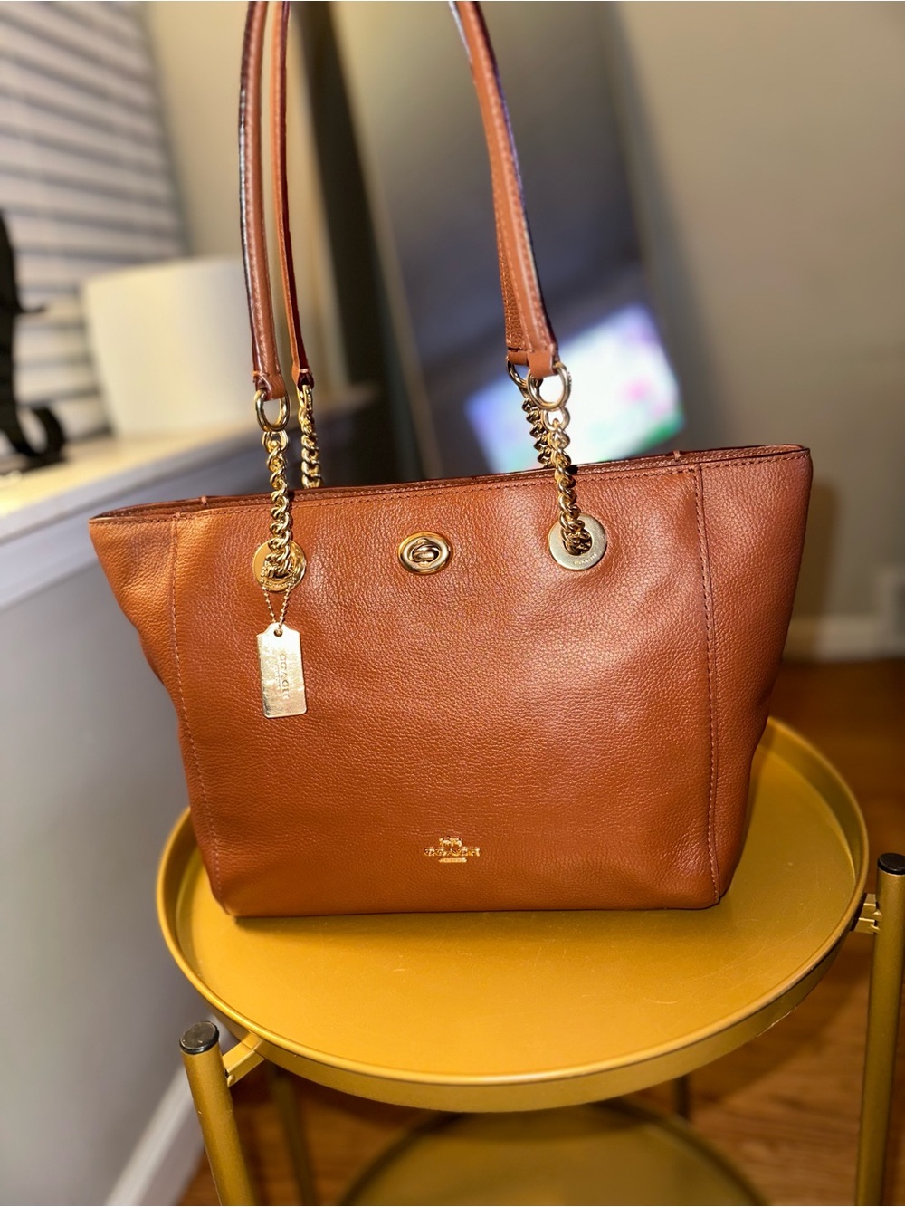 Coach Chestnut Leather Tote with Gold Chain Accents